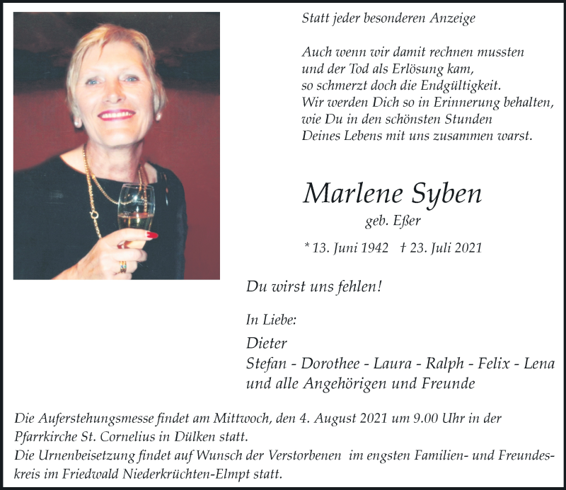  Traueranzeige für Marlene Syben vom 31.07.2021 aus Rheinische Post