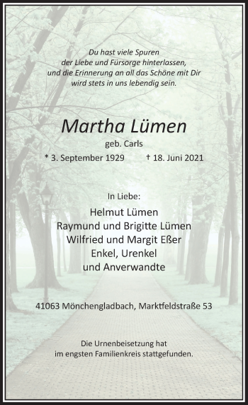 Traueranzeige von Martha Lümen von Rheinische Post