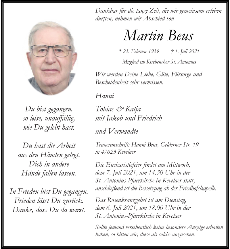  Traueranzeige für Martin Beus vom 05.07.2021 aus Rheinische Post