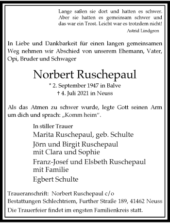 Traueranzeige von Norbert Ruschepaul von Rheinische Post