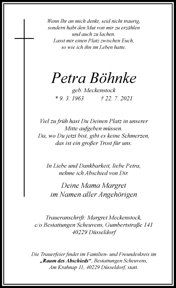  Traueranzeige für Petra Böhnke vom 31.07.2021 aus Rheinische Post