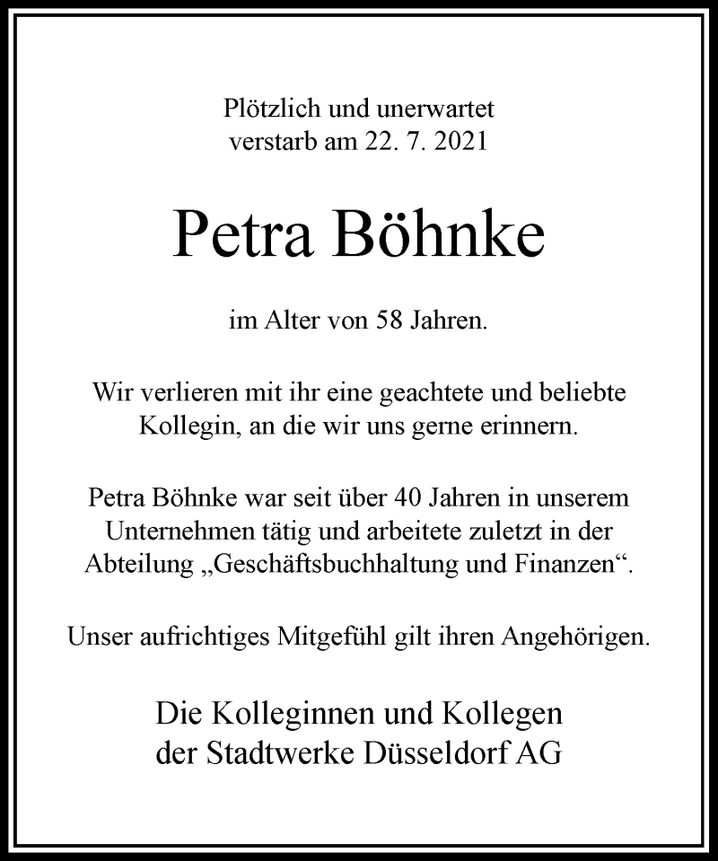  Traueranzeige für Petra Böhnke vom 31.07.2021 aus Rheinische Post
