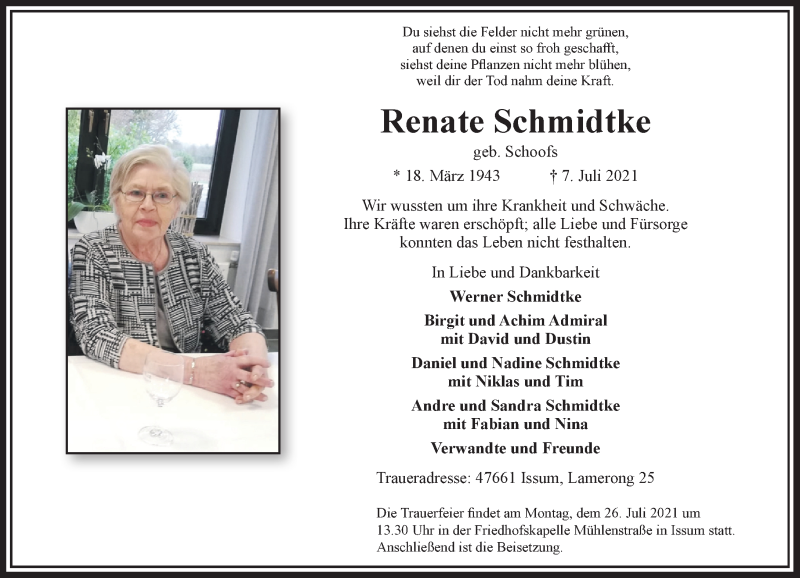  Traueranzeige für Renate Schmidtke vom 17.07.2021 aus Rheinische Post