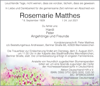 Traueranzeige von Rosemarie Matthes von Rheinische Post