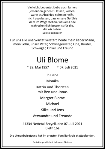 Traueranzeige von Uli Blome von Rheinische Post