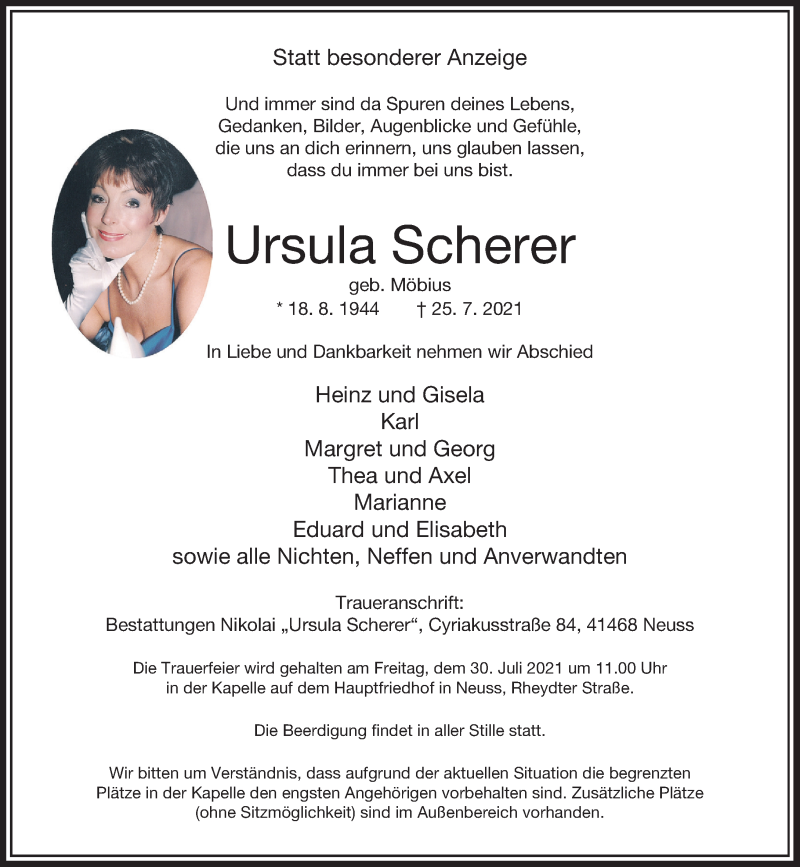  Traueranzeige für Ursula Scherer vom 28.07.2021 aus Rheinische Post