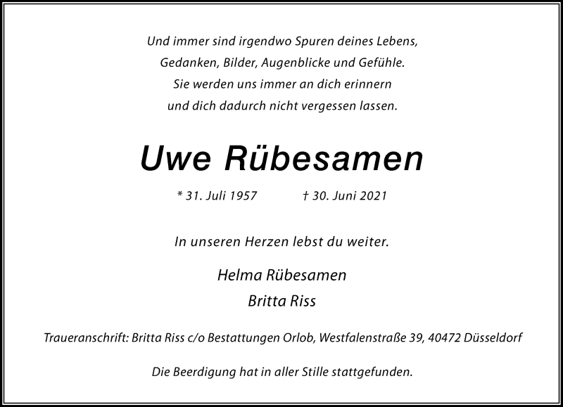  Traueranzeige für Uwe Rübesamen vom 17.07.2021 aus Rheinische Post
