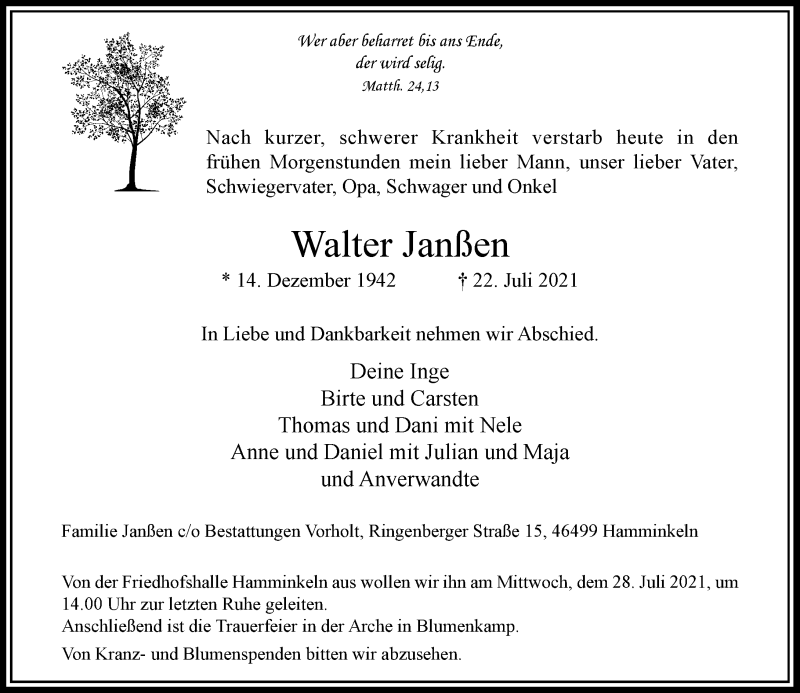  Traueranzeige für Walter Janßen vom 24.07.2021 aus Rheinische Post