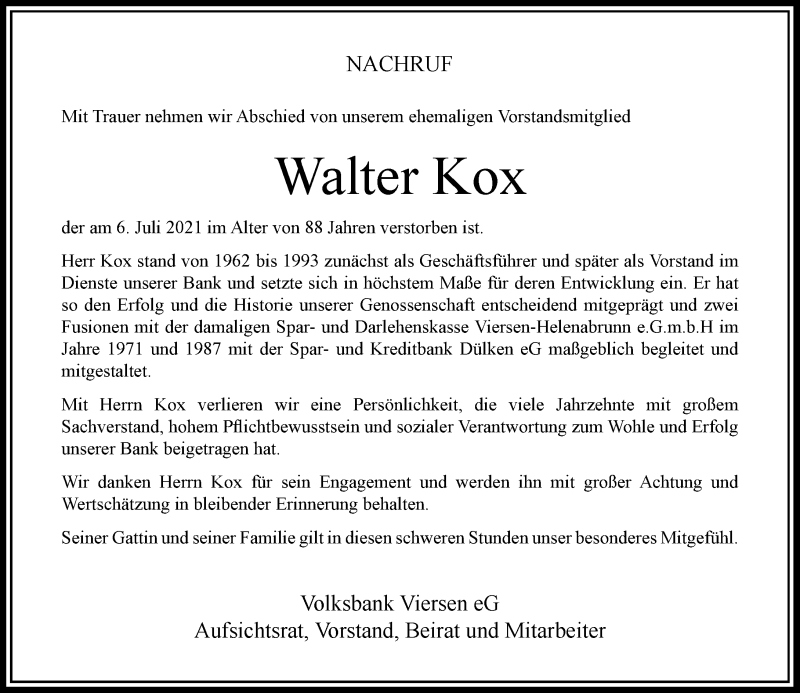  Traueranzeige für Walter Kox vom 10.07.2021 aus Rheinische Post