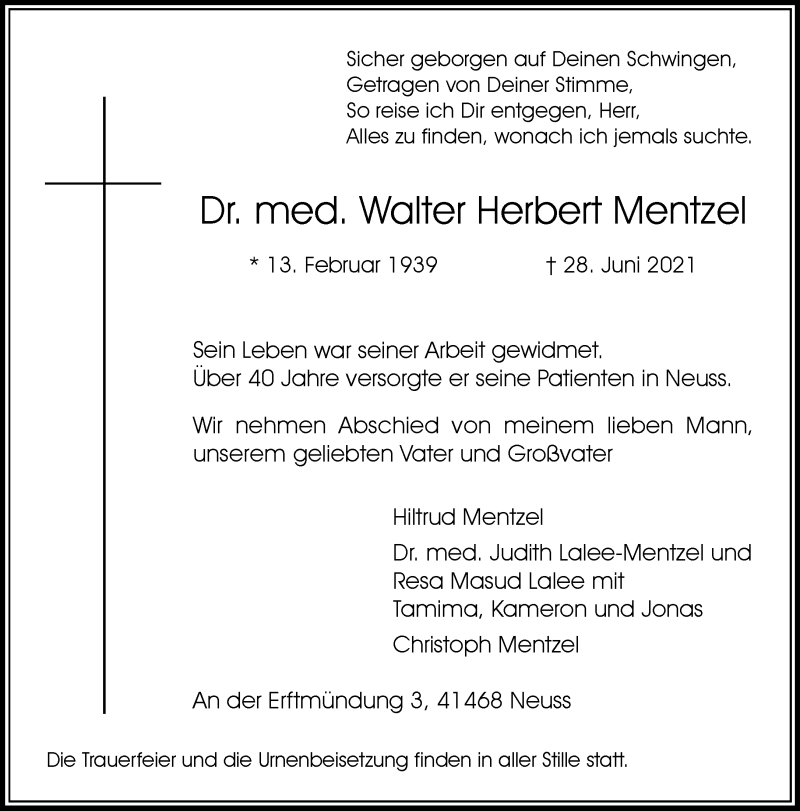  Traueranzeige für Walter Herbert Mentzel vom 03.07.2021 aus Rheinische Post