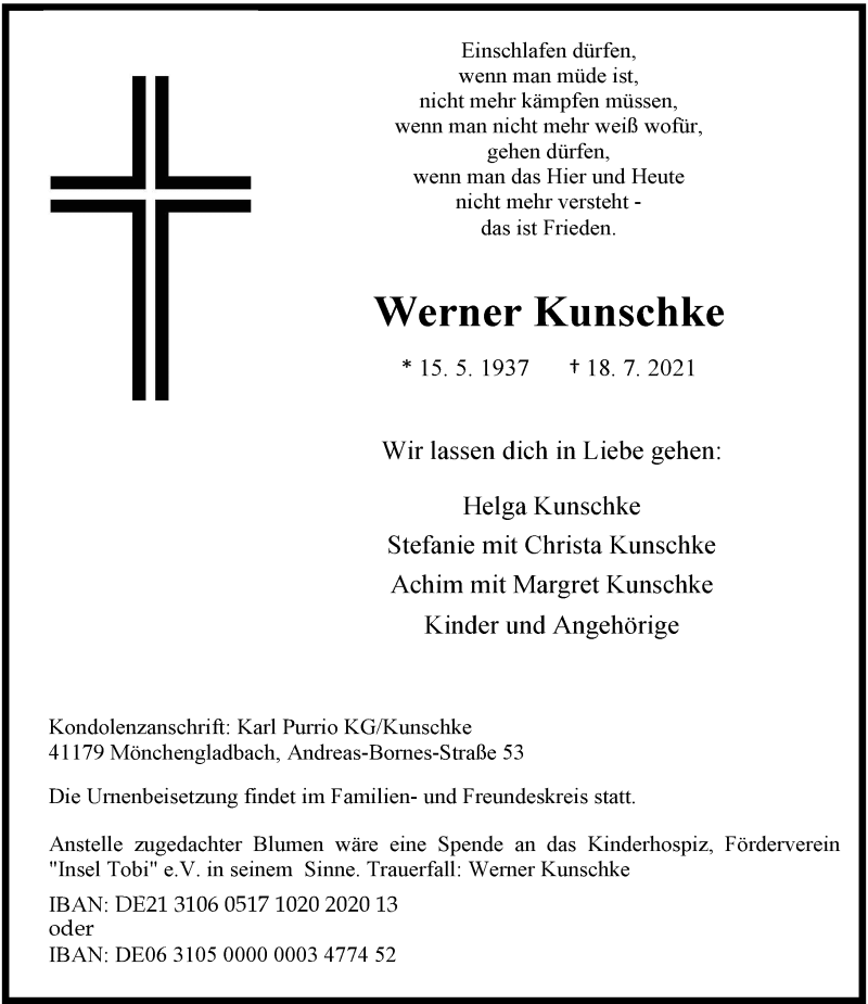  Traueranzeige für Werner Kunschke vom 24.07.2021 aus Rheinische Post