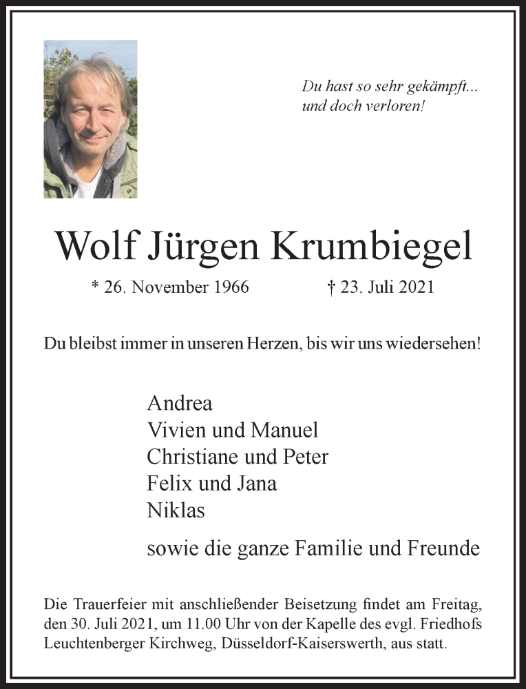  Traueranzeige für Wolf Jürgen Krumbiegel vom 28.07.2021 aus Rheinische Post