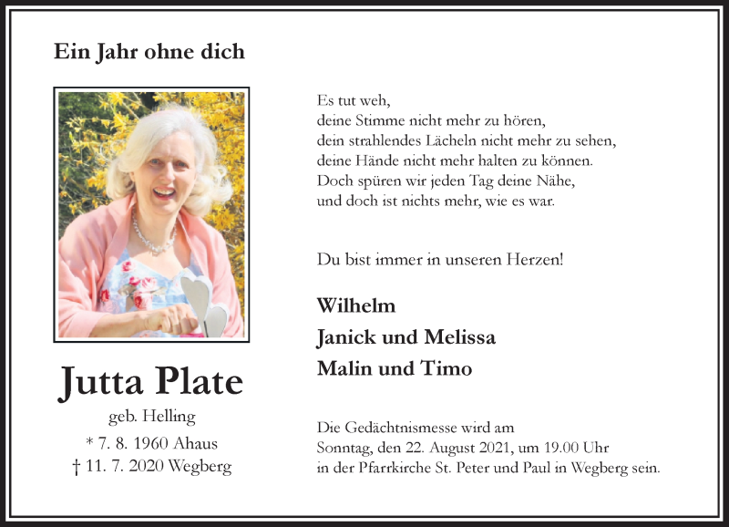  Traueranzeige für Jutta Plate vom 14.08.2021 aus Rheinische Post