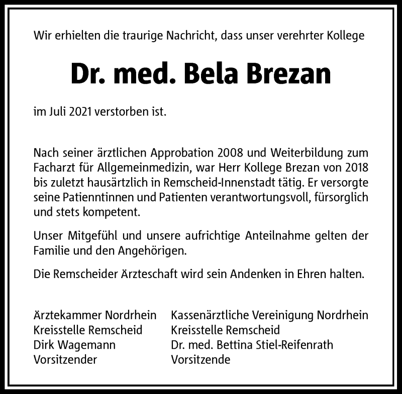  Traueranzeige für Bela Brezan vom 21.08.2021 aus Rheinische Post