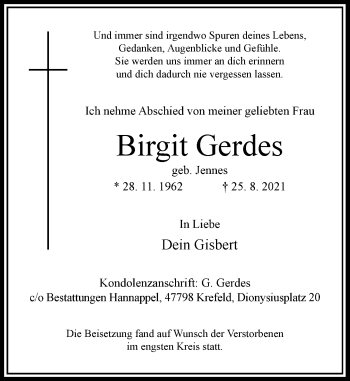 Traueranzeige von Birgit Gerdes von Rheinische Post