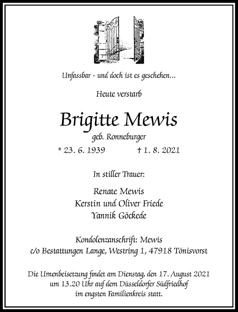  Traueranzeige für Brigitte Mewis vom 14.08.2021 aus Rheinische Post