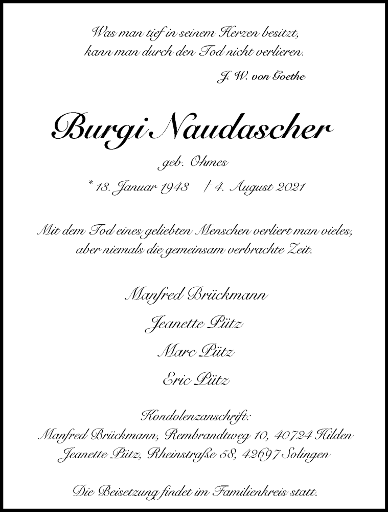  Traueranzeige für Burgi Naudascher vom 14.08.2021 aus Rheinische Post