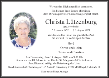 Traueranzeige von Christa Lützenburg von Rheinische Post