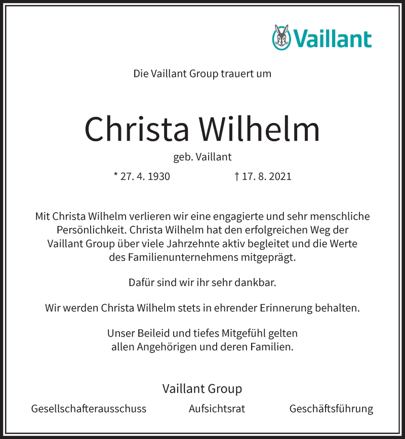  Traueranzeige für Christa Wilhelm vom 21.08.2021 aus Rheinische Post