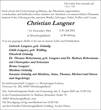 Traueranzeige von Christian Langner von Rheinische Post