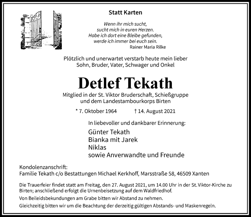  Traueranzeige für Detlef Tekath vom 21.08.2021 aus Rheinische Post
