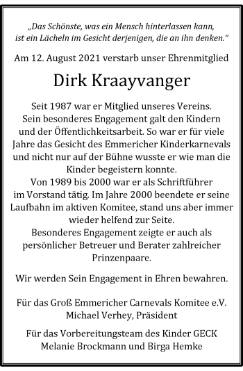 Traueranzeige von Dirk Kraayvanger von Rheinische Post
