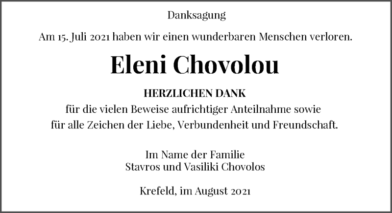  Traueranzeige für Eleni Chovolou vom 21.08.2021 aus Rheinische Post