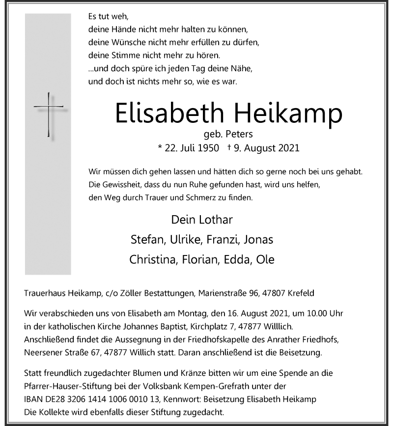  Traueranzeige für Elisabeth Heikamp vom 14.08.2021 aus Rheinische Post