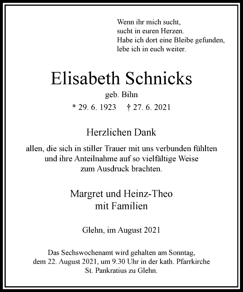  Traueranzeige für Elisabeth Schnicks vom 14.08.2021 aus Rheinische Post