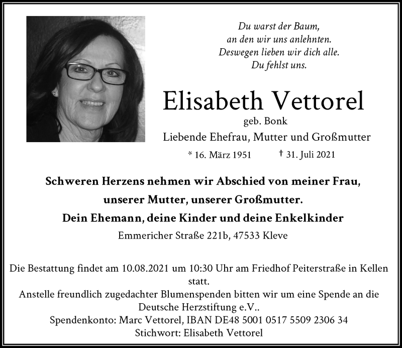  Traueranzeige für Elisabeth Vettorel vom 05.08.2021 aus Rheinische Post