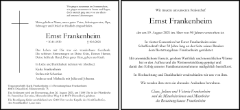 Traueranzeige von Ernst Frankenheim von Rheinische Post