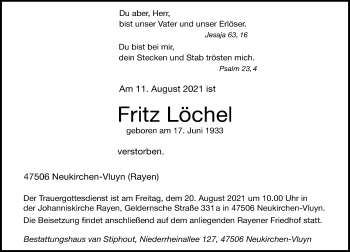 Traueranzeige von Fritz Löchel von Rheinische Post