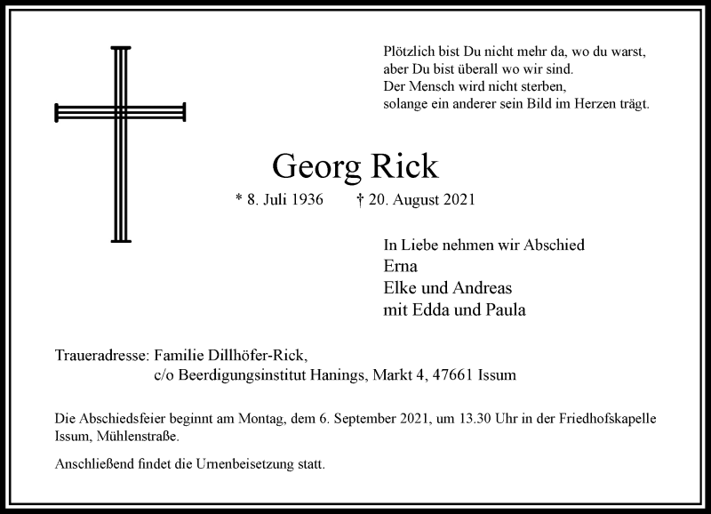  Traueranzeige für Georg Rick vom 28.08.2021 aus Rheinische Post