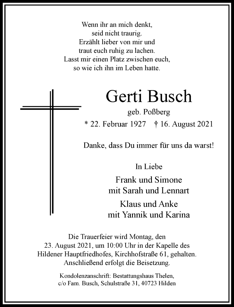  Traueranzeige für Gerti Busch vom 21.08.2021 aus Rheinische Post