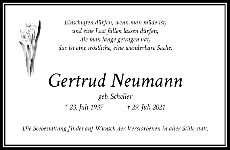 Traueranzeige für Gertrud Neumann vom 07.08.2021 aus Rheinische Post