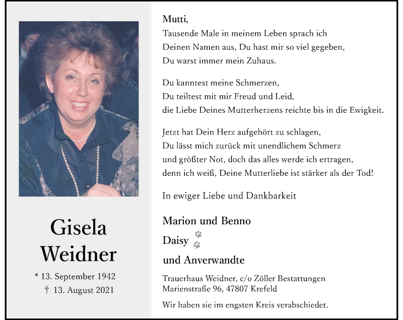  Traueranzeige für Gisela Weidner vom 21.08.2021 aus Rheinische Post