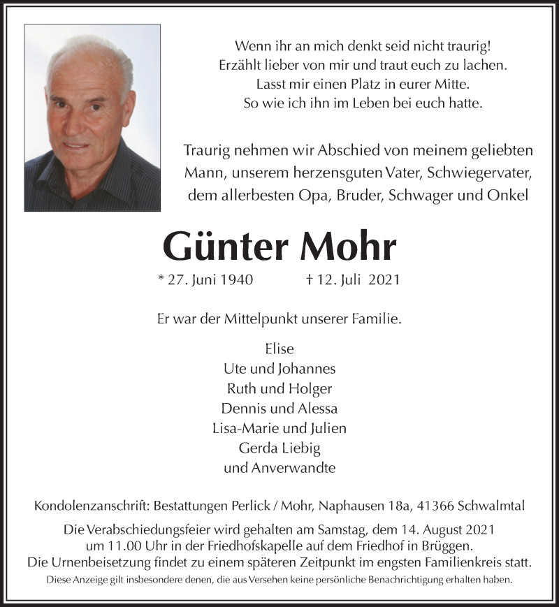  Traueranzeige für Günter Mohr vom 11.08.2021 aus Rheinische Post
