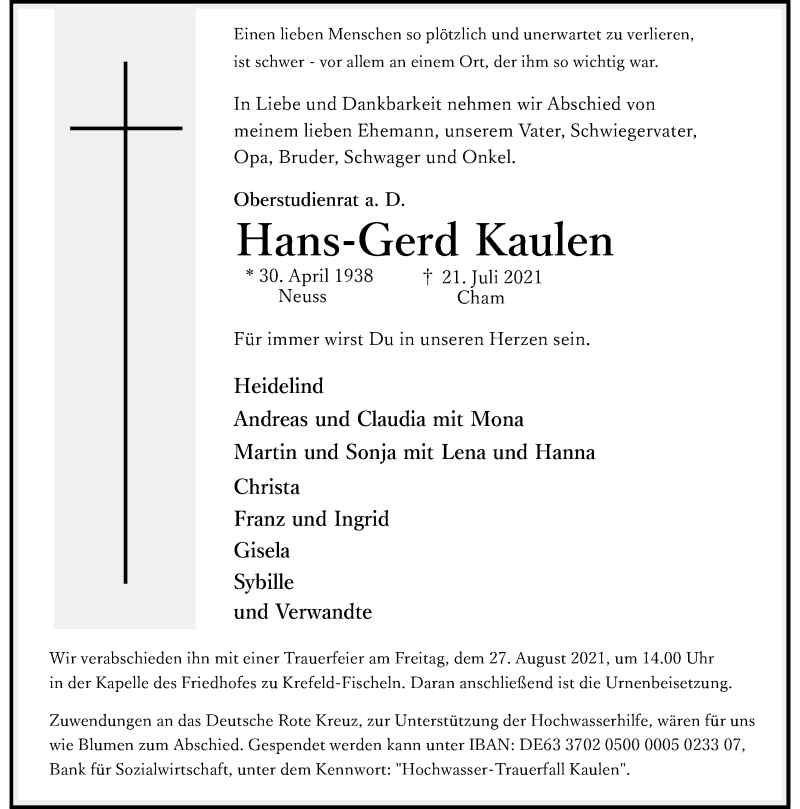  Traueranzeige für Hans-Gerd Kaulen vom 25.08.2021 aus Rheinische Post