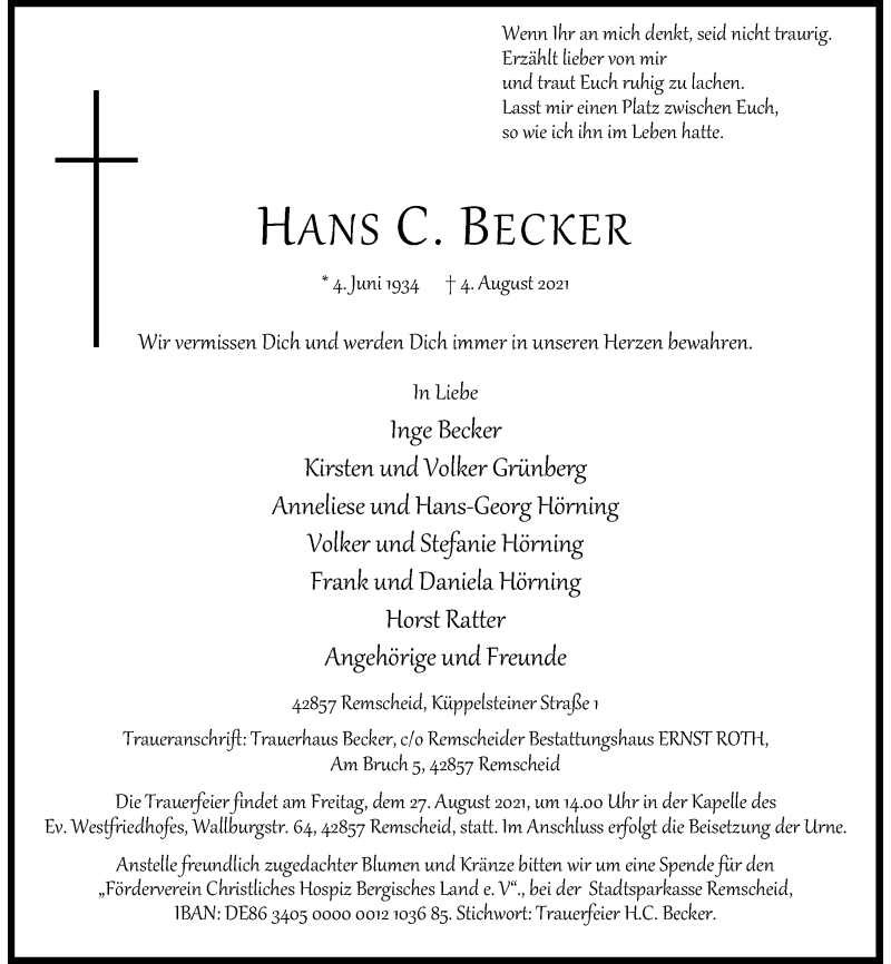  Traueranzeige für Hans C. Becker vom 21.08.2021 aus Rheinische Post