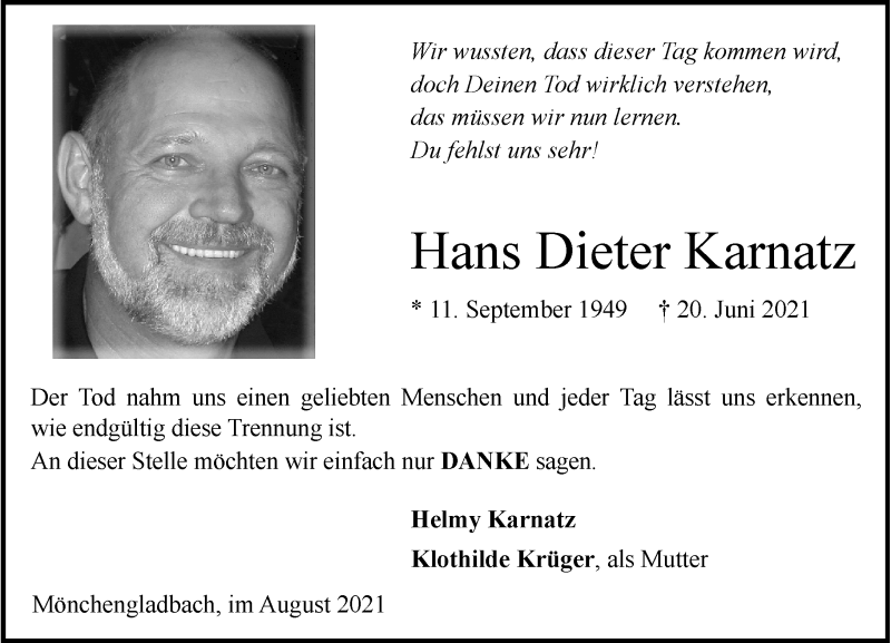  Traueranzeige für Hans Dieter Karnatz vom 07.08.2021 aus Rheinische Post