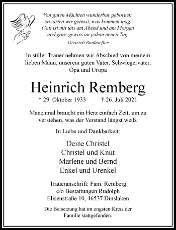Traueranzeige von Heinrich Remberg von Rheinische Post