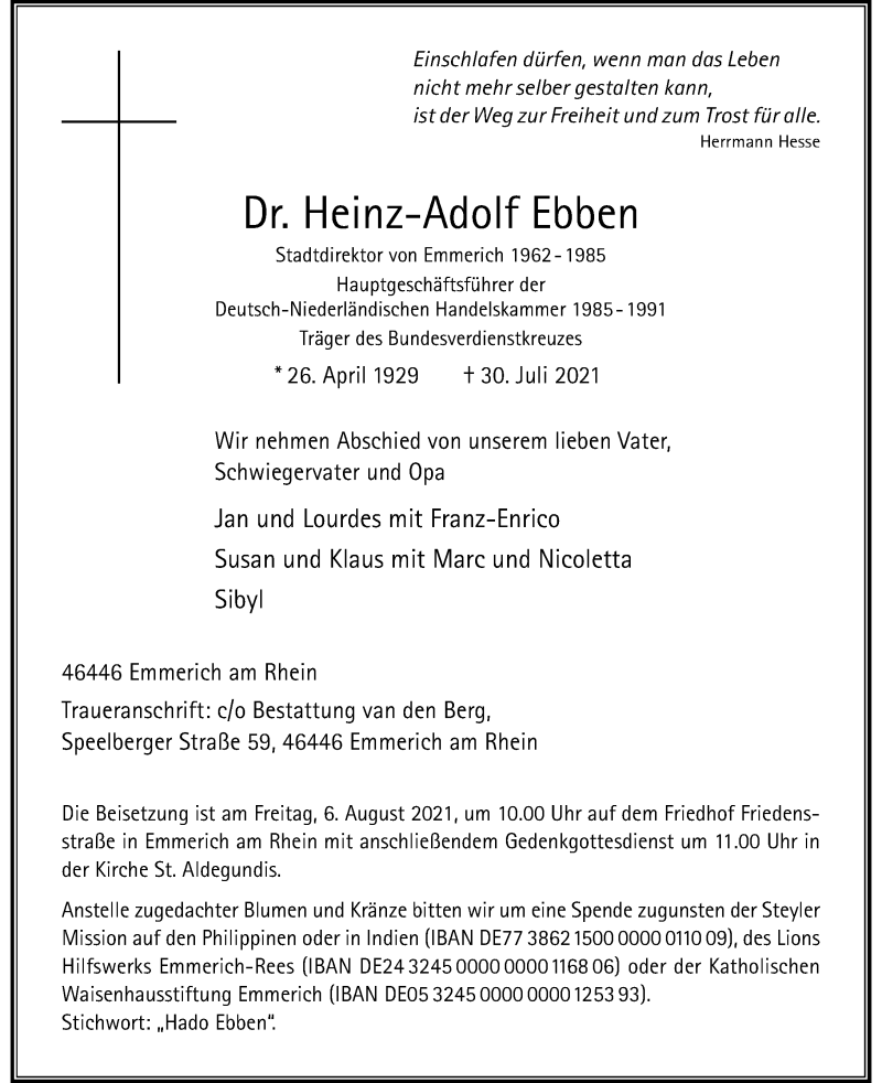  Traueranzeige für Heinz-Adolf Ebben vom 04.08.2021 aus Rheinische Post
