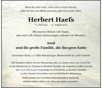 Traueranzeige von Herbert Haefs von Rheinische Post