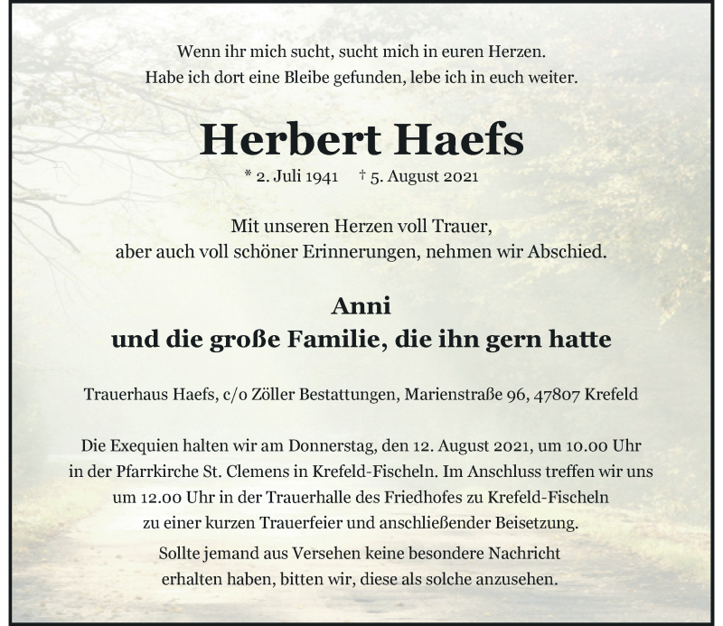  Traueranzeige für Herbert Haefs vom 09.08.2021 aus Rheinische Post