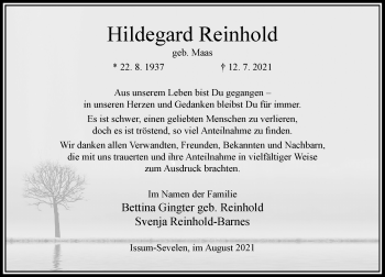 Traueranzeige von Hildegard Reinhold von Rheinische Post