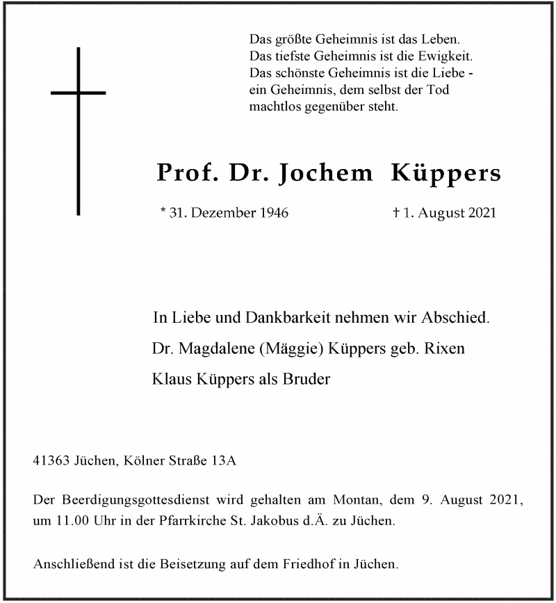  Traueranzeige für Jochem Küppers vom 06.08.2021 aus Rheinische Post