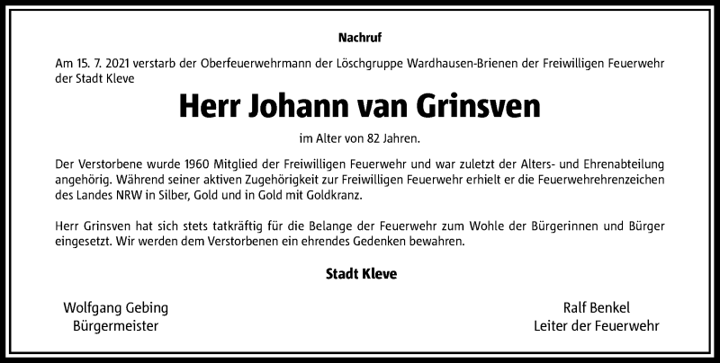  Traueranzeige für Johann van Grinsven vom 04.08.2021 aus Rheinische Post
