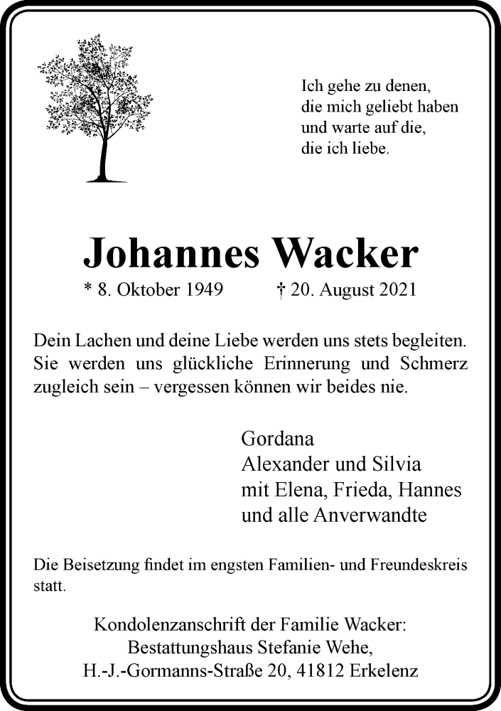  Traueranzeige für Johannes Wacker vom 28.08.2021 aus Rheinische Post