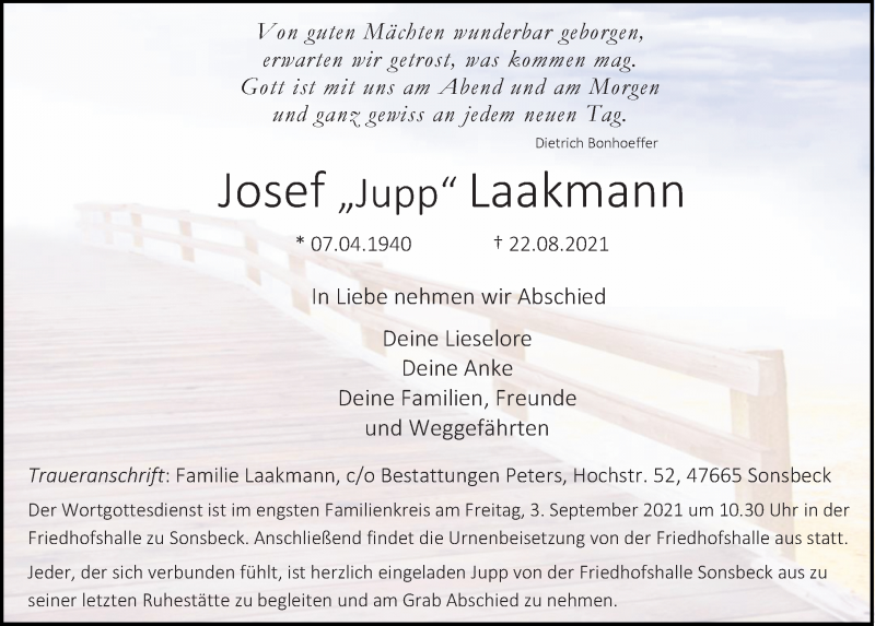  Traueranzeige für Josef Laakmann vom 24.08.2021 aus Rheinische Post