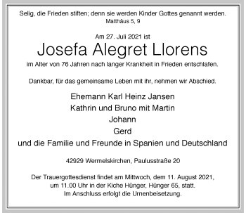 Traueranzeige von Josefa Alegret Llorens von Rheinische Post